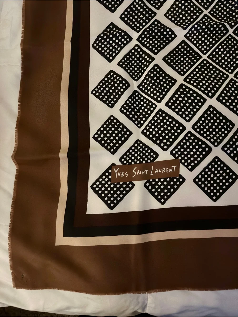 Vintage Yves Saint Laurent Signed Square Scarf Brown Geometric Designer Parisian